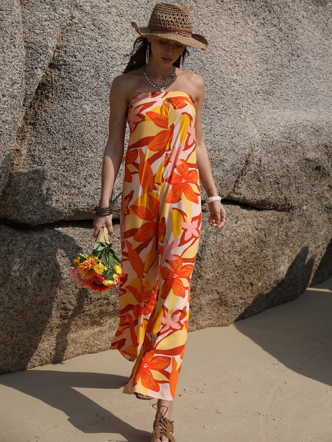 Beach Rose Co.Strapless Floral Print Wide Leg Jumpsuit in Tangerine