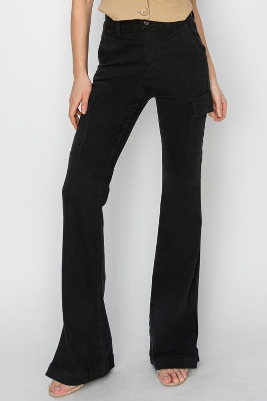 RISENHigh Rise Side Slit Cargo Bootcut Jeans in Black