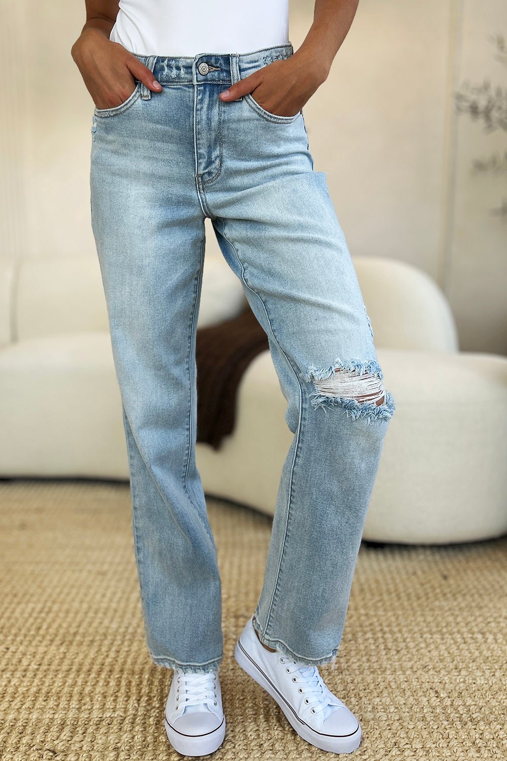 Judy BlueLight Wash High Waist Distressed Straight Jeans