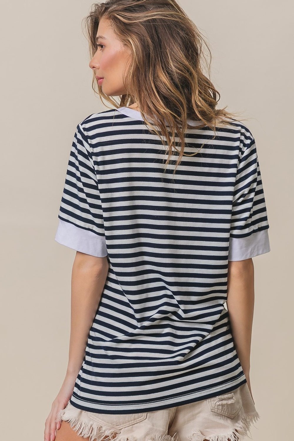 BiBiContrast Stripe Short Sleeve Knit Top in Black Ivory