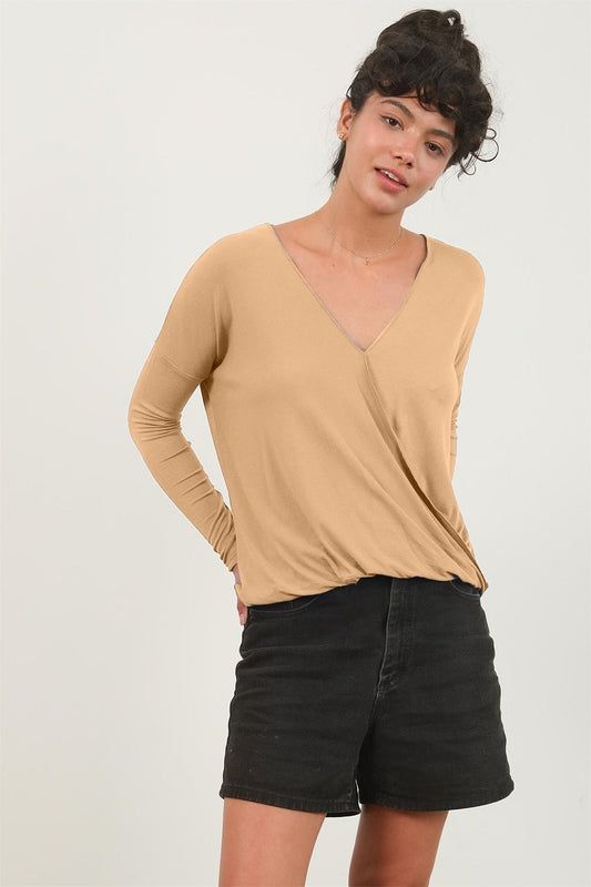 HYFVEDraped Drop Shoulder Long Sleeve Top in Taupe