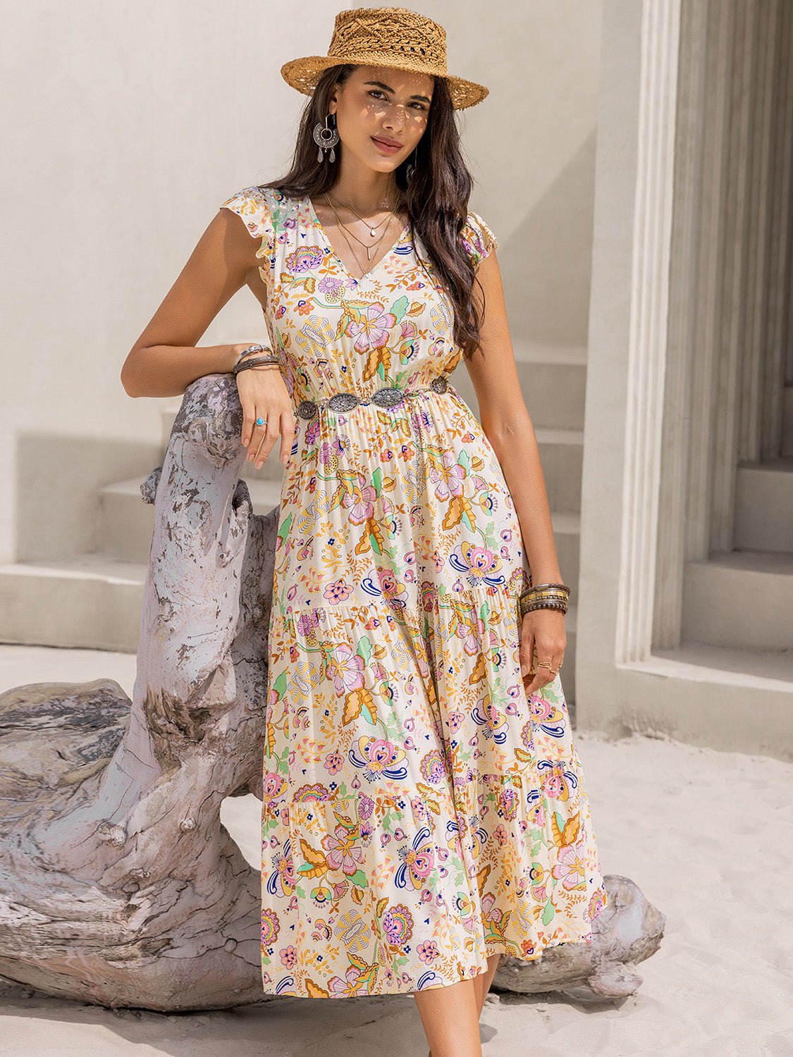 Beach Rose Co.Floral Print Cap Sleeve Midi Dress in Pastel Yellow