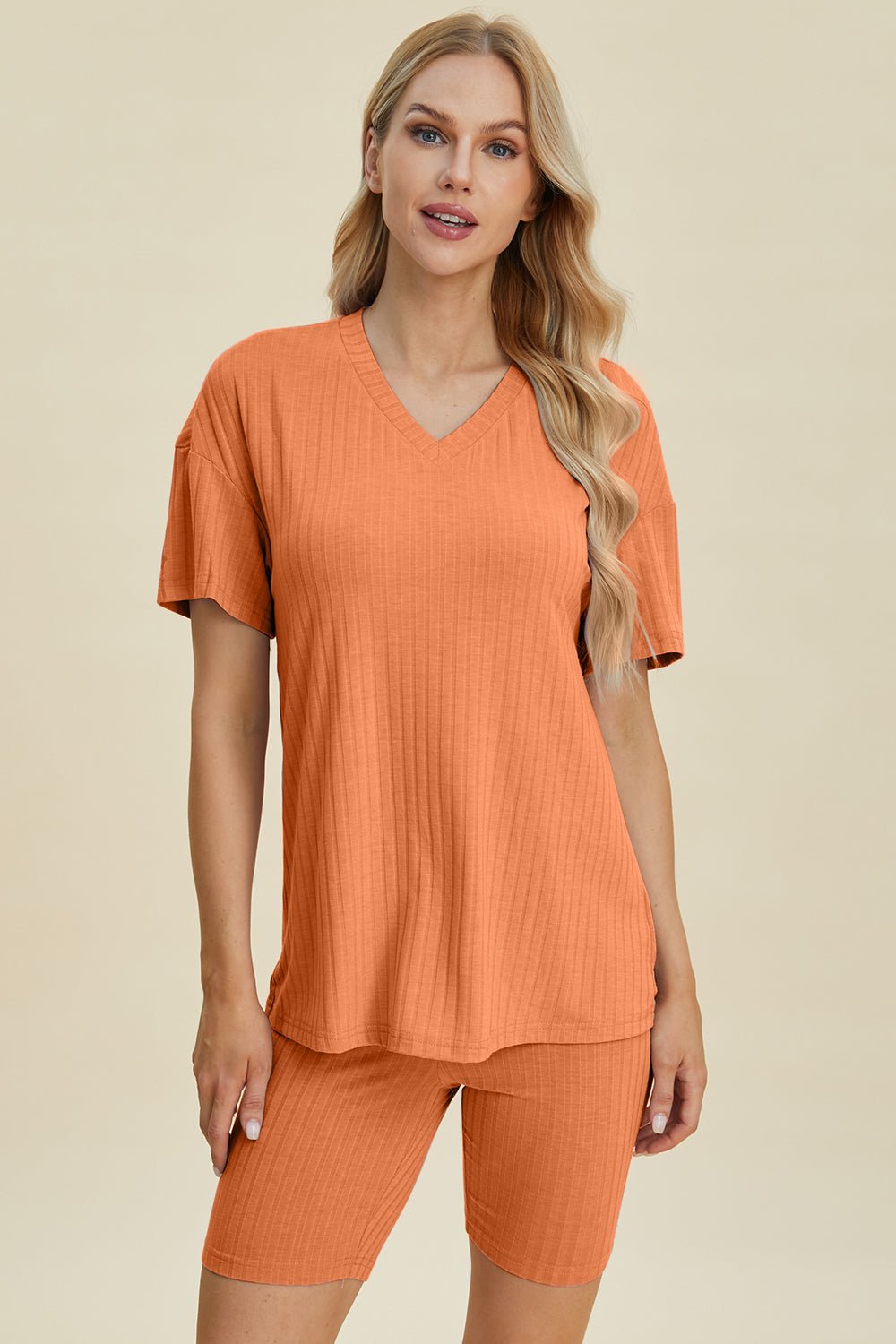 Basic BaeRib Knit V - Neck Short Sleeve Top and Shorts Set