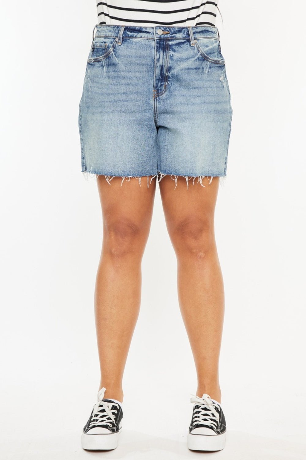 KancanMedium Wash Raw Hem High Waist Denim Shorts