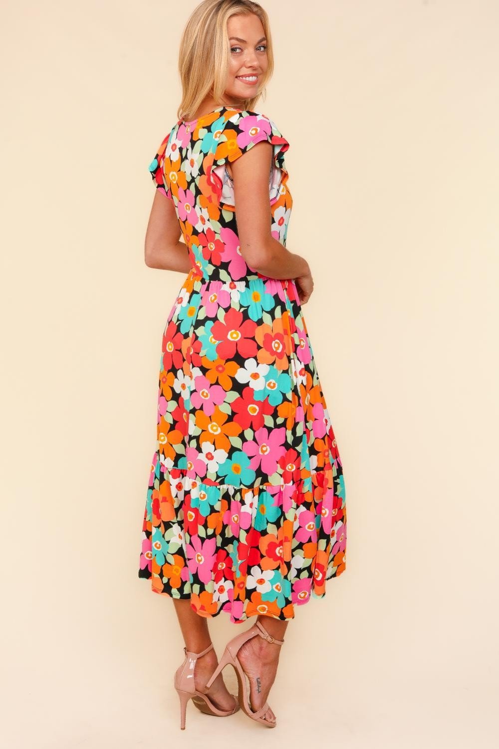 HapticsFloral Midi Dress with Pockets in Coral Mint