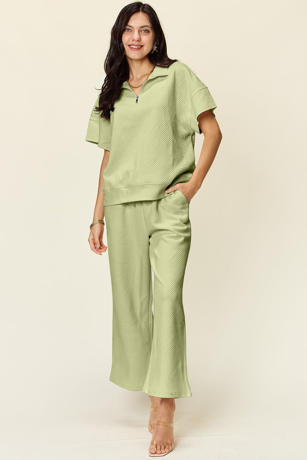 Double TakeTextured Half Zip Short Sleeve Top and Pants Set