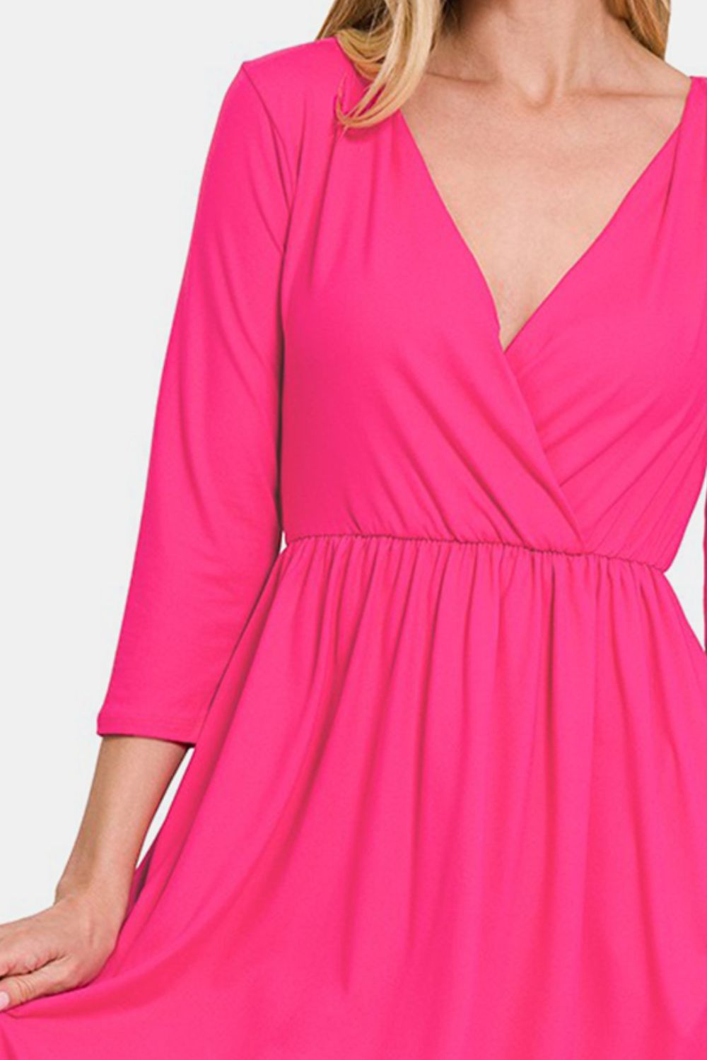 ZenanaThree - Quarter Sleeve Surplice Mini Dress with Pockets in Hot Pink