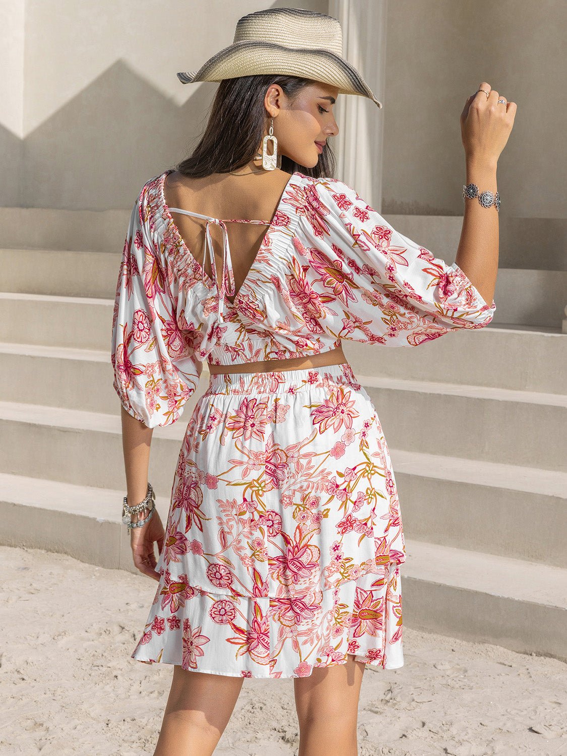 Beach Rose Co.Floral Print Crop Top and Mini Skirt Set in Blush Pink