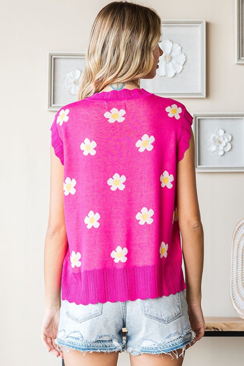 First LoveBlooming Daisies Sleeveless Sweater in Fuchsia