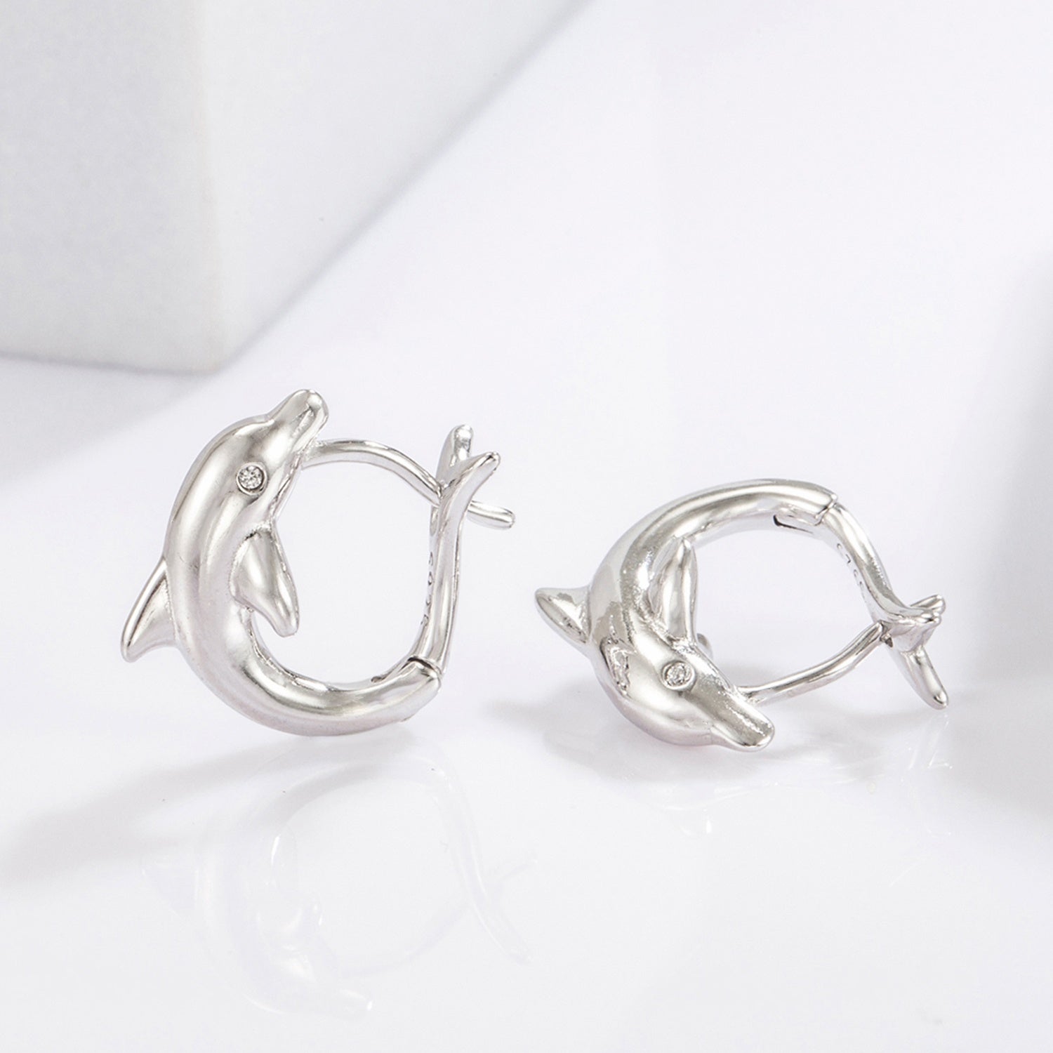 Beach Rose Co.Silver Zircon Dolphin Hoop Earrings