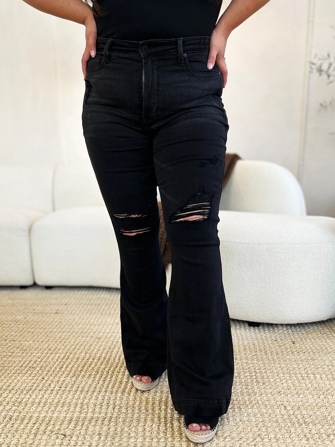 Judy BlueHigh Waist Distressed Flare Jeans in Black