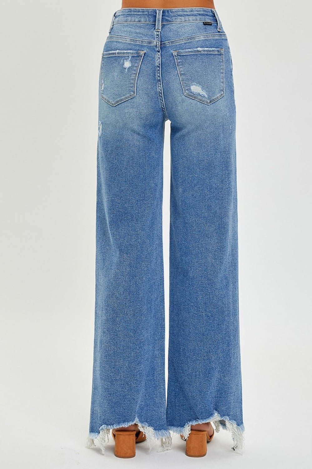 RISENMedium Wash High Rise Frayed Hem Wide Leg Jeans