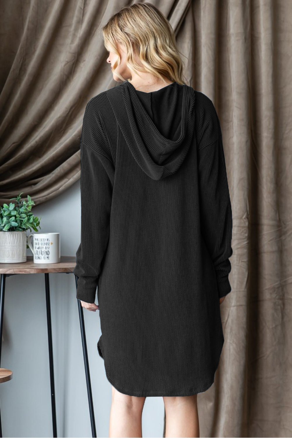 HeimishRib Knit Long Sleeve Hooded Knee - Length Dress in Black