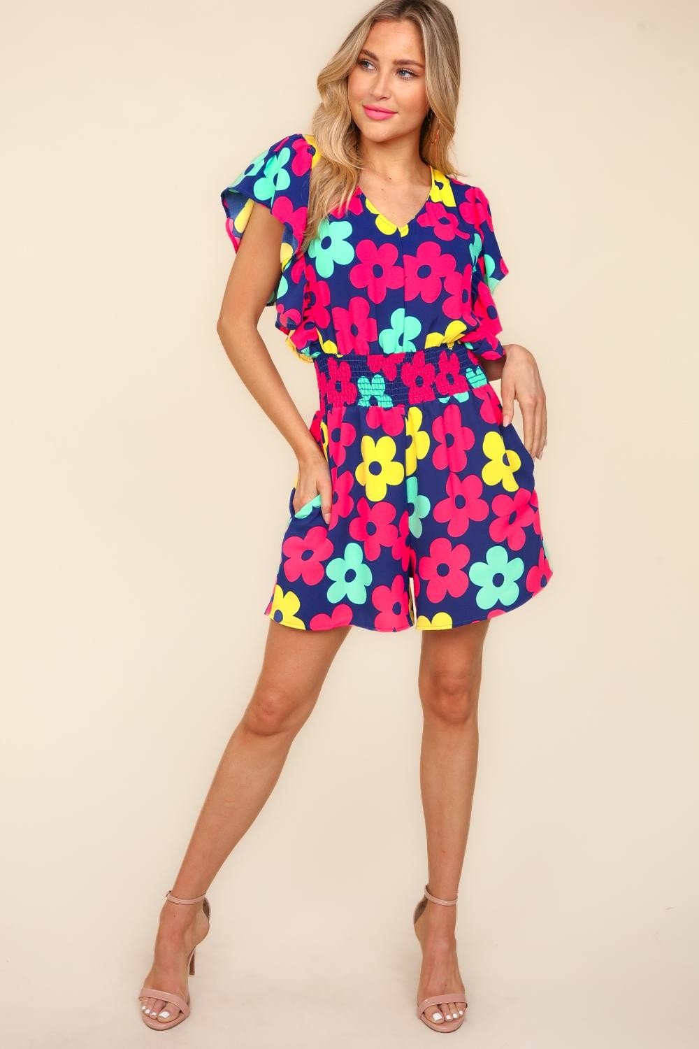 HapticsFloral Smocked Waist Romper in Navy/Fuchsia