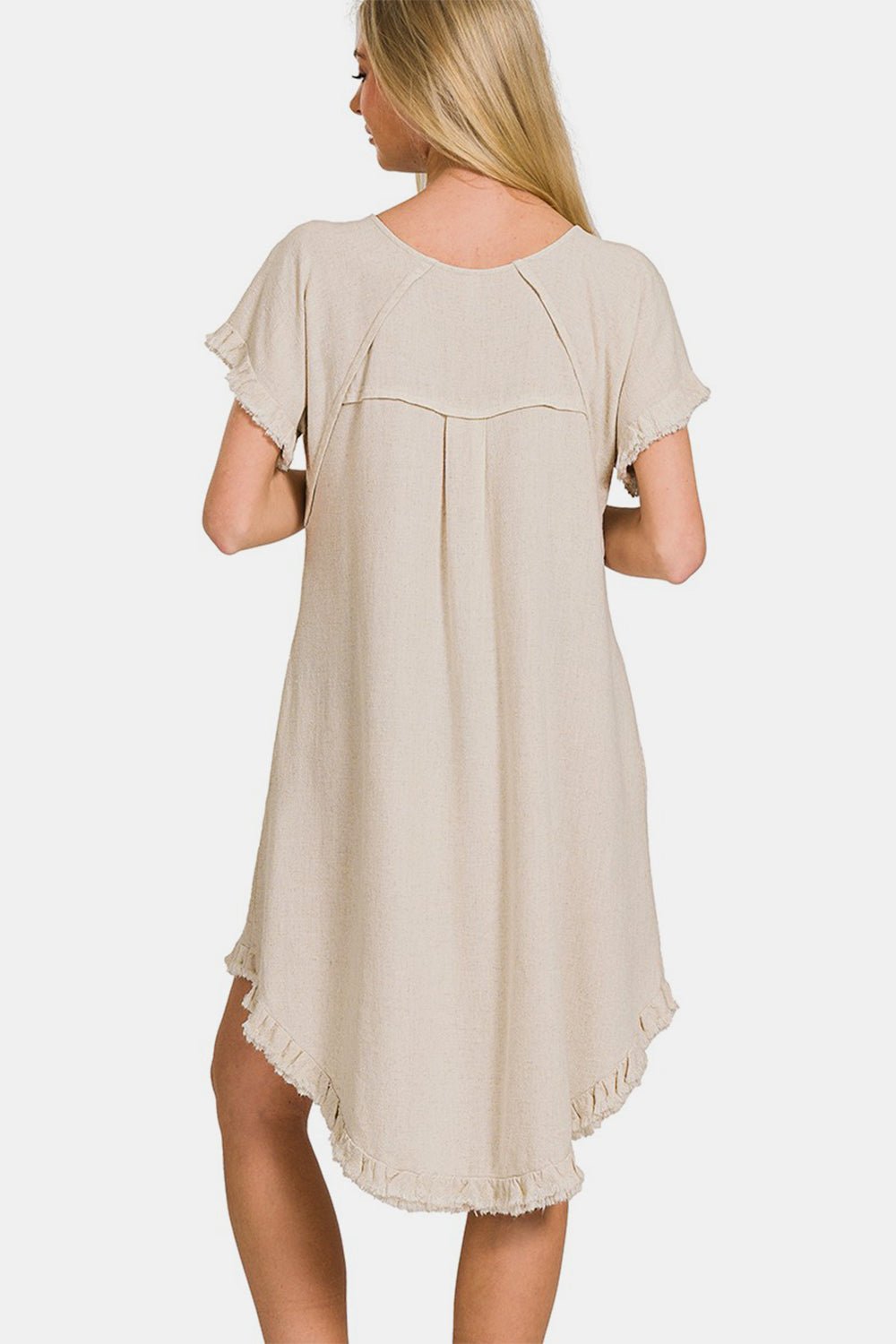 ZenanaFringe Edge High Low Flowy Mini Dress with Pockets in Beige