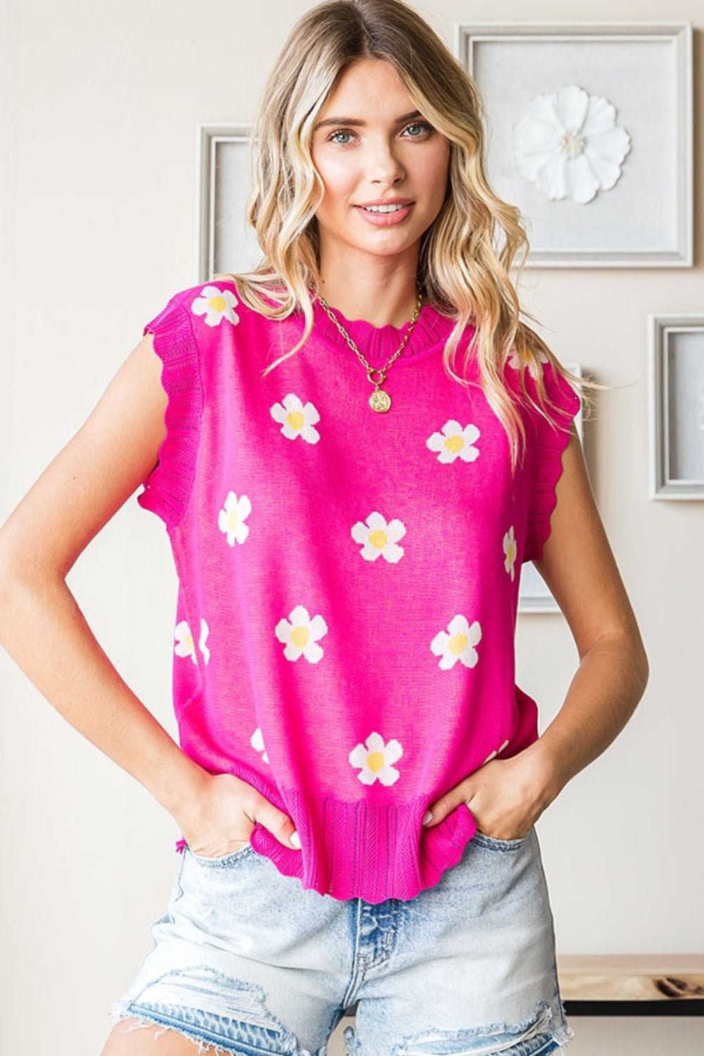 First LoveBlooming Daisies Sleeveless Sweater in Fuchsia