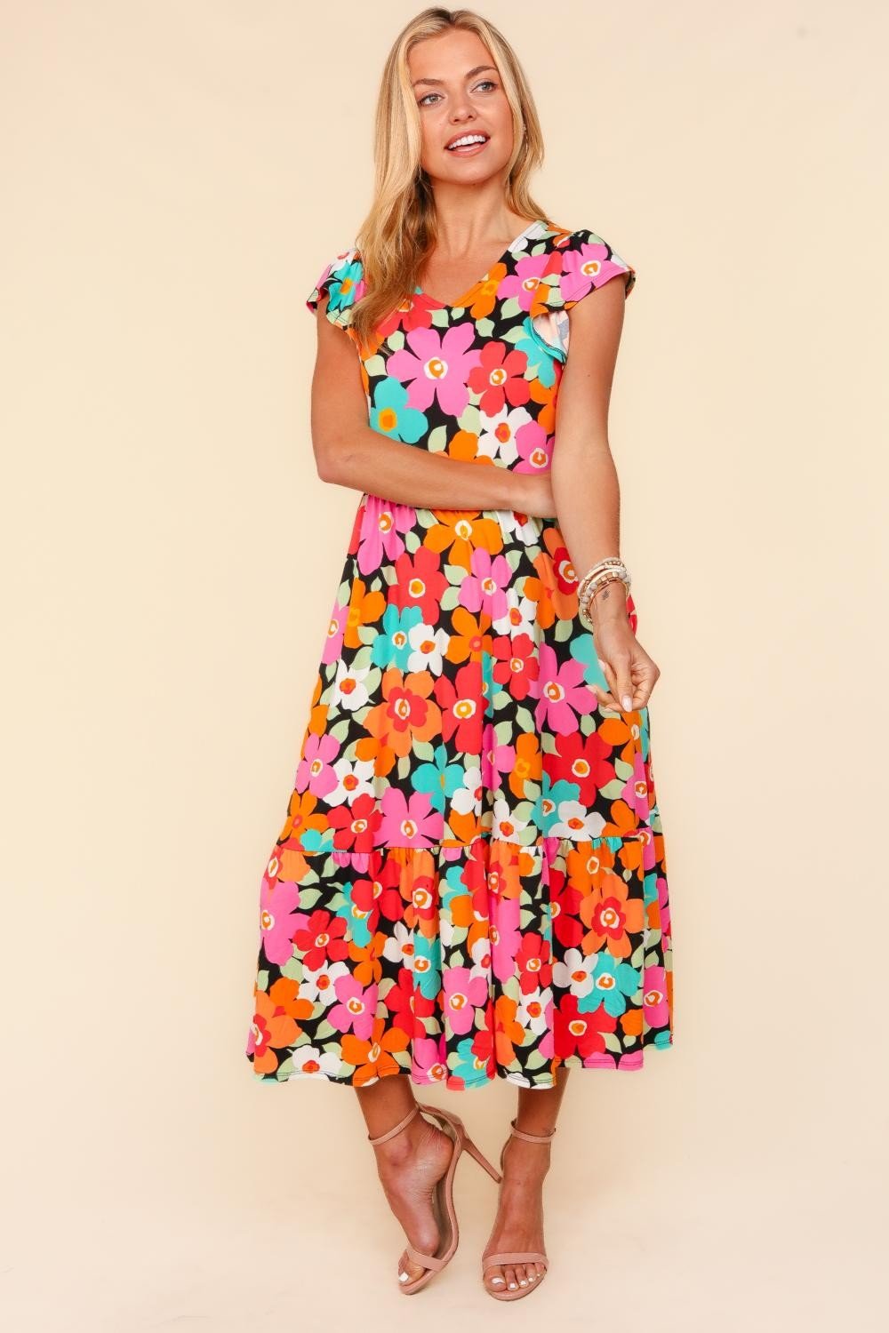 HapticsFloral Midi Dress with Pockets in Coral Mint