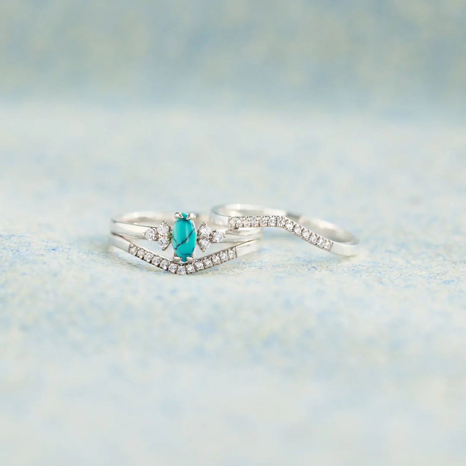 Beach Rose Co.Silver Turquoise Inlaid Zircon Ring Set