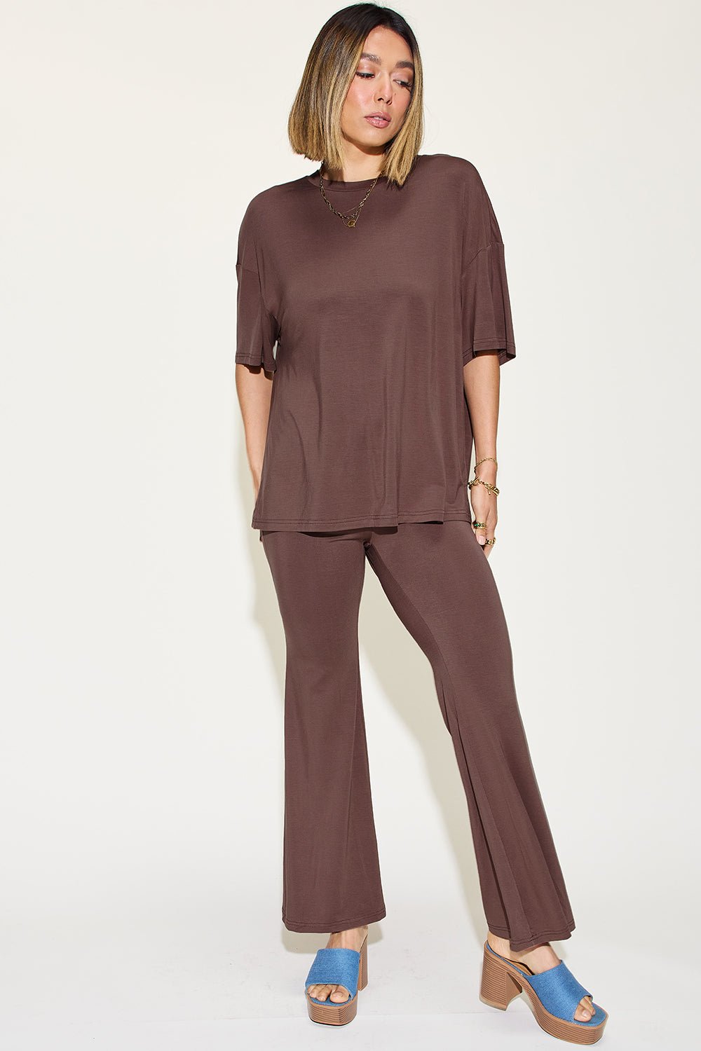 Basic BaeDrop Shoulder T - Shirt and Flare Pants Set