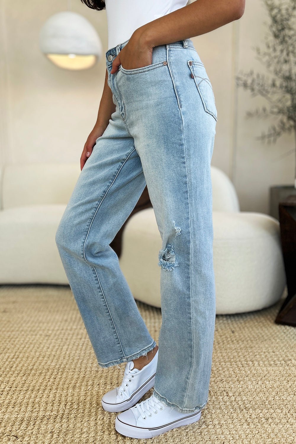 Judy BlueLight Wash High Waist Distressed Straight Jeans