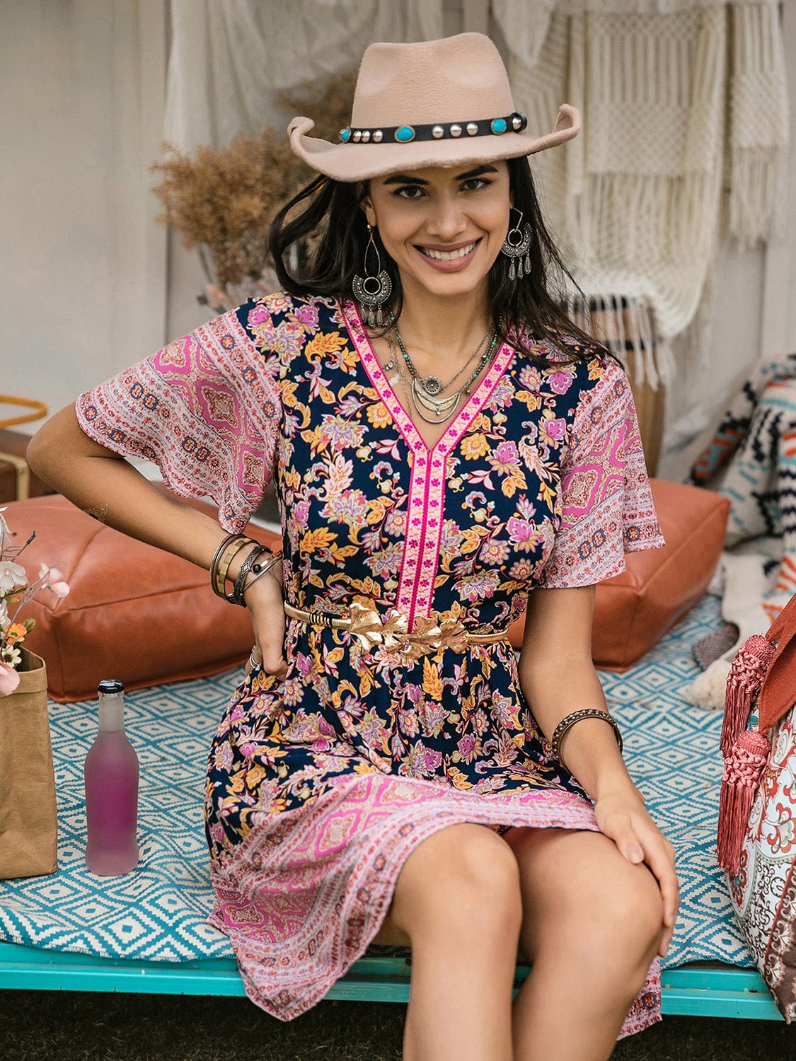 Beach Rose Co.Floral Print V - Neck Short Sleeve Mini Dress in Blush Pink