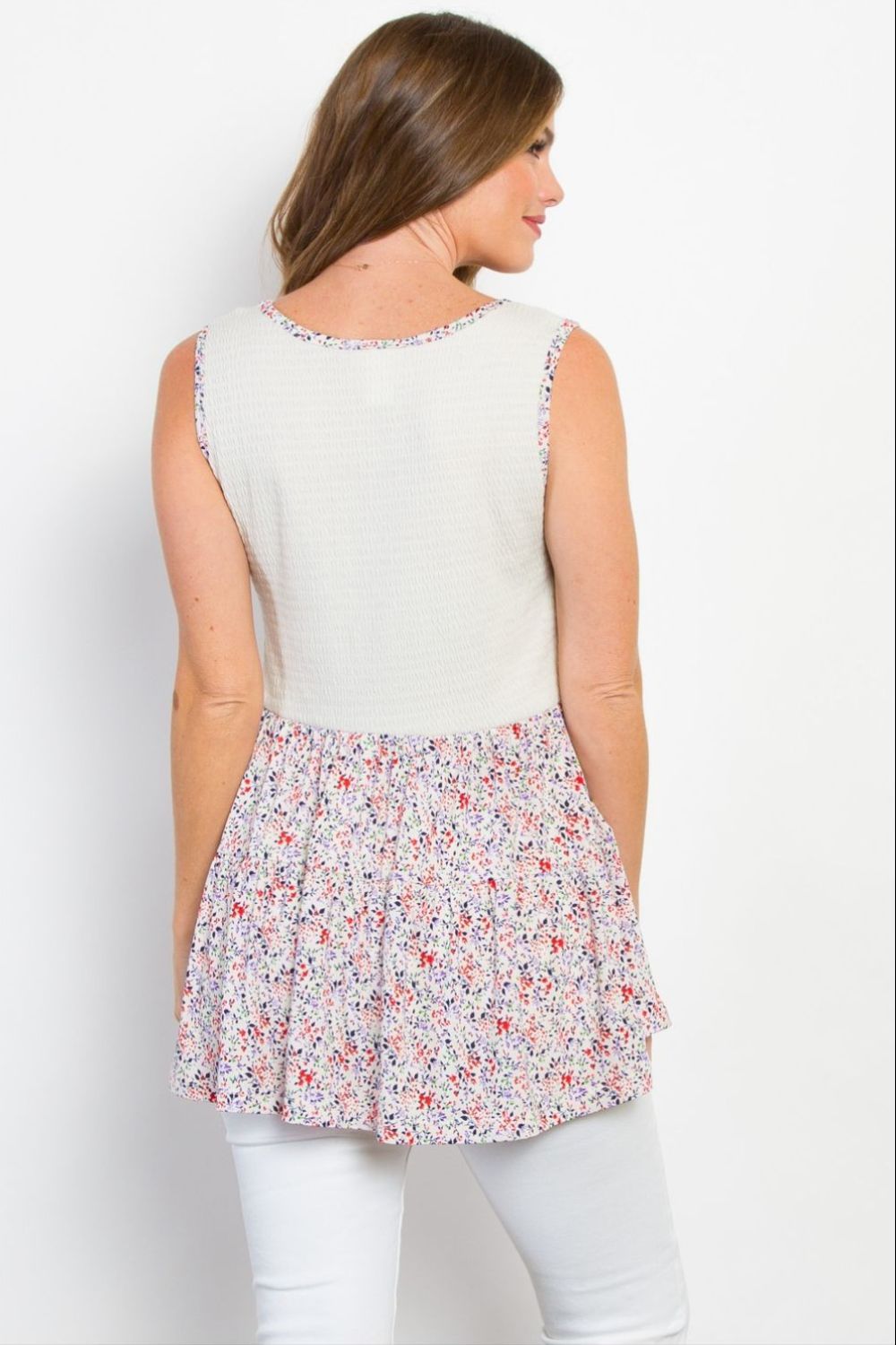 BE StageFloral Print Smocked Sleeveless Peplum Top in White