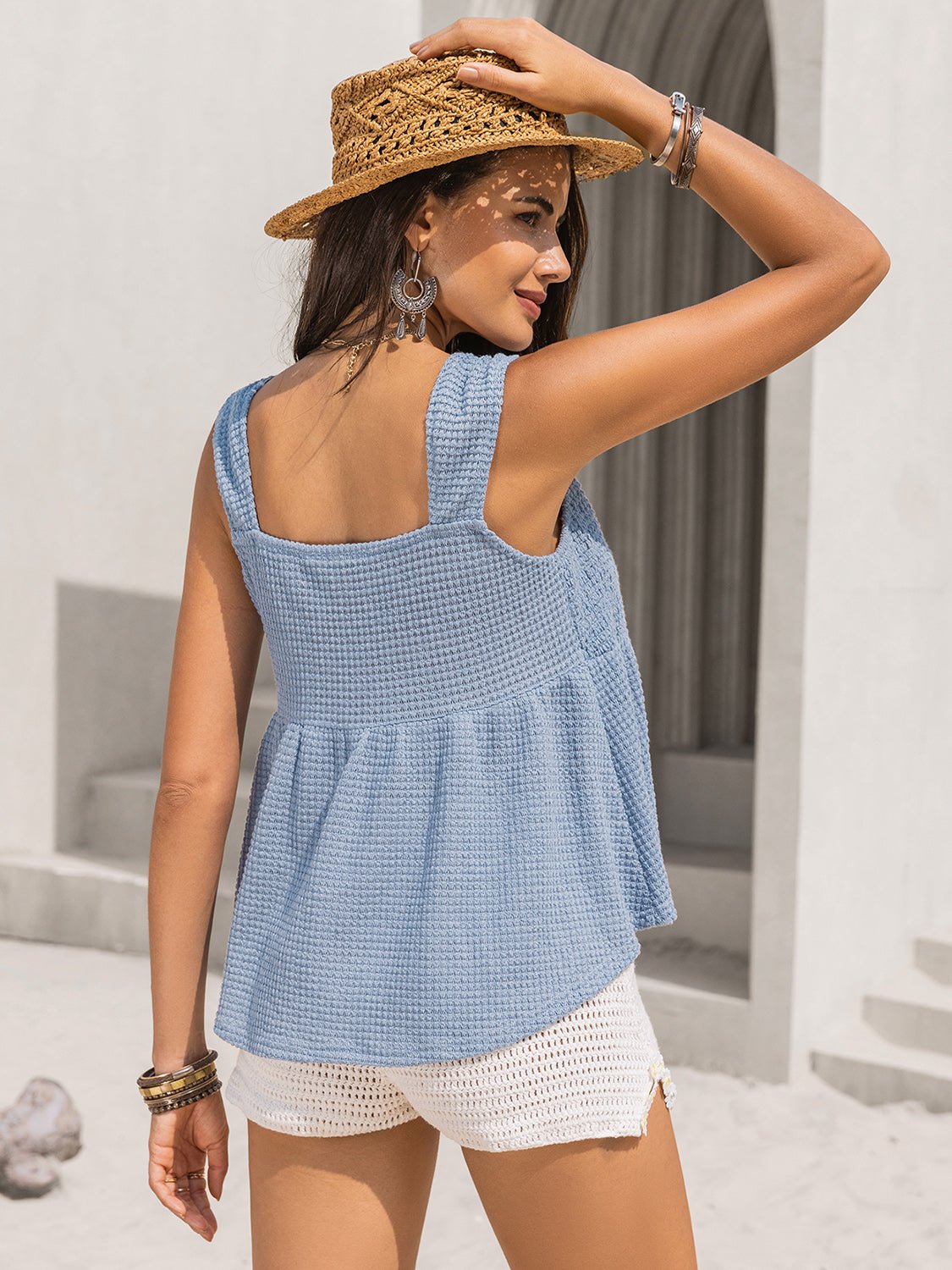 Beach Rose Co.Textured Tied V - Neck Tank in Light Blue