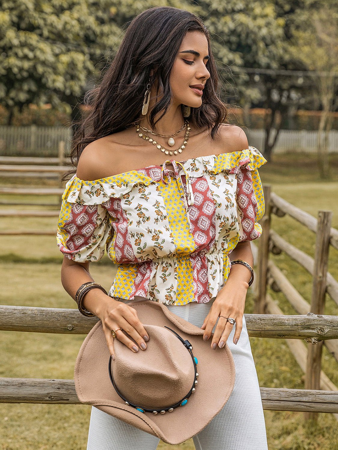 Beach Rose Co.Ruffled Printed Off - Shoulder Short Sleeve Peplum Blouse