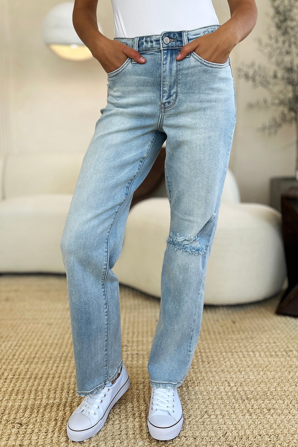 Judy BlueLight Wash High Waist Distressed Straight Jeans