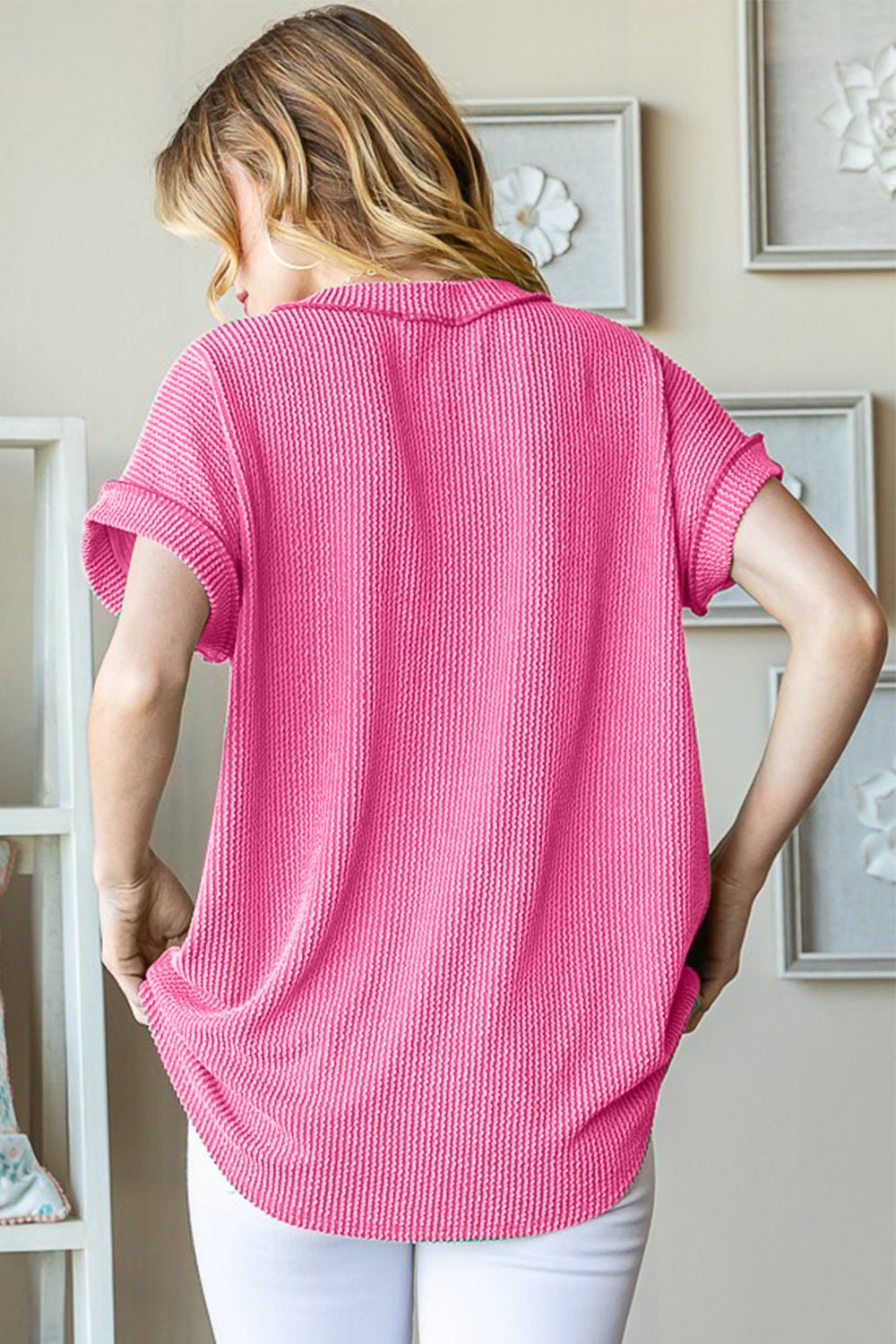 HeimishShort Sleeve V - Neck Rib Knit Top in Hot Pink