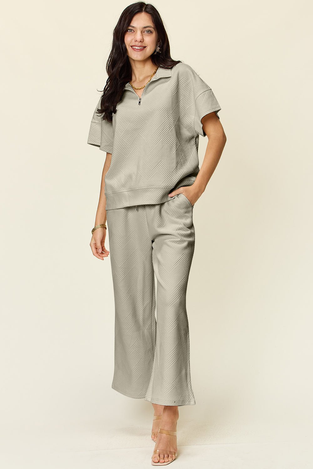 Double TakeTextured Half Zip Short Sleeve Top and Pants Set