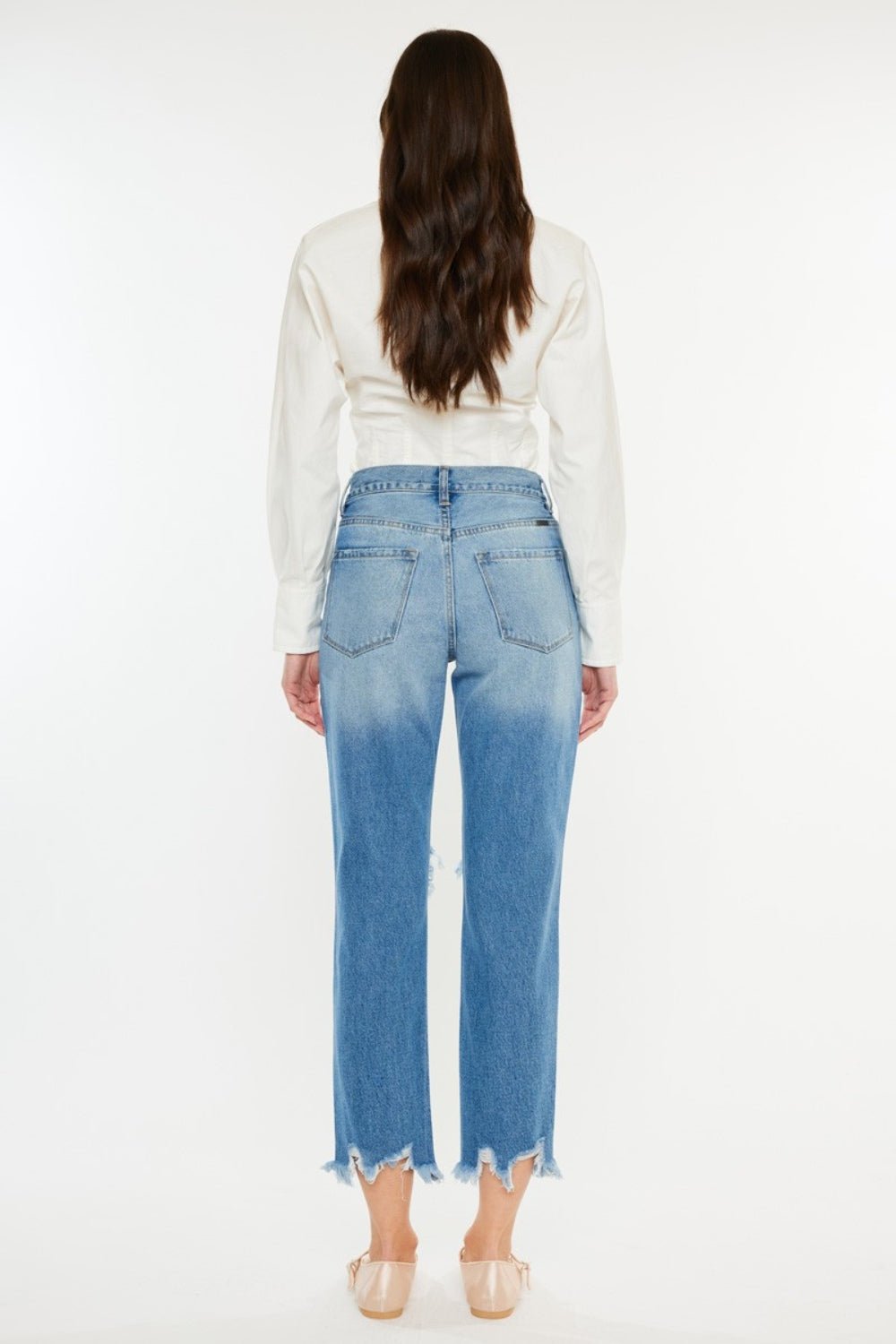 KancanMedium Wash Distressed Frayed Hem Cropped Jeans