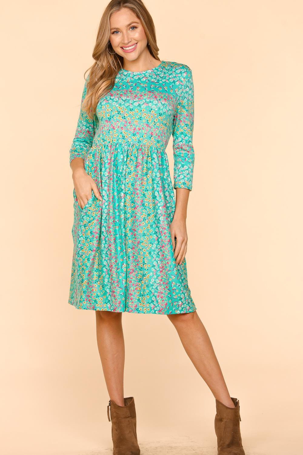 HapticsThree - Quarter Sleeve Floral Midi Dress with Pockets in Mint