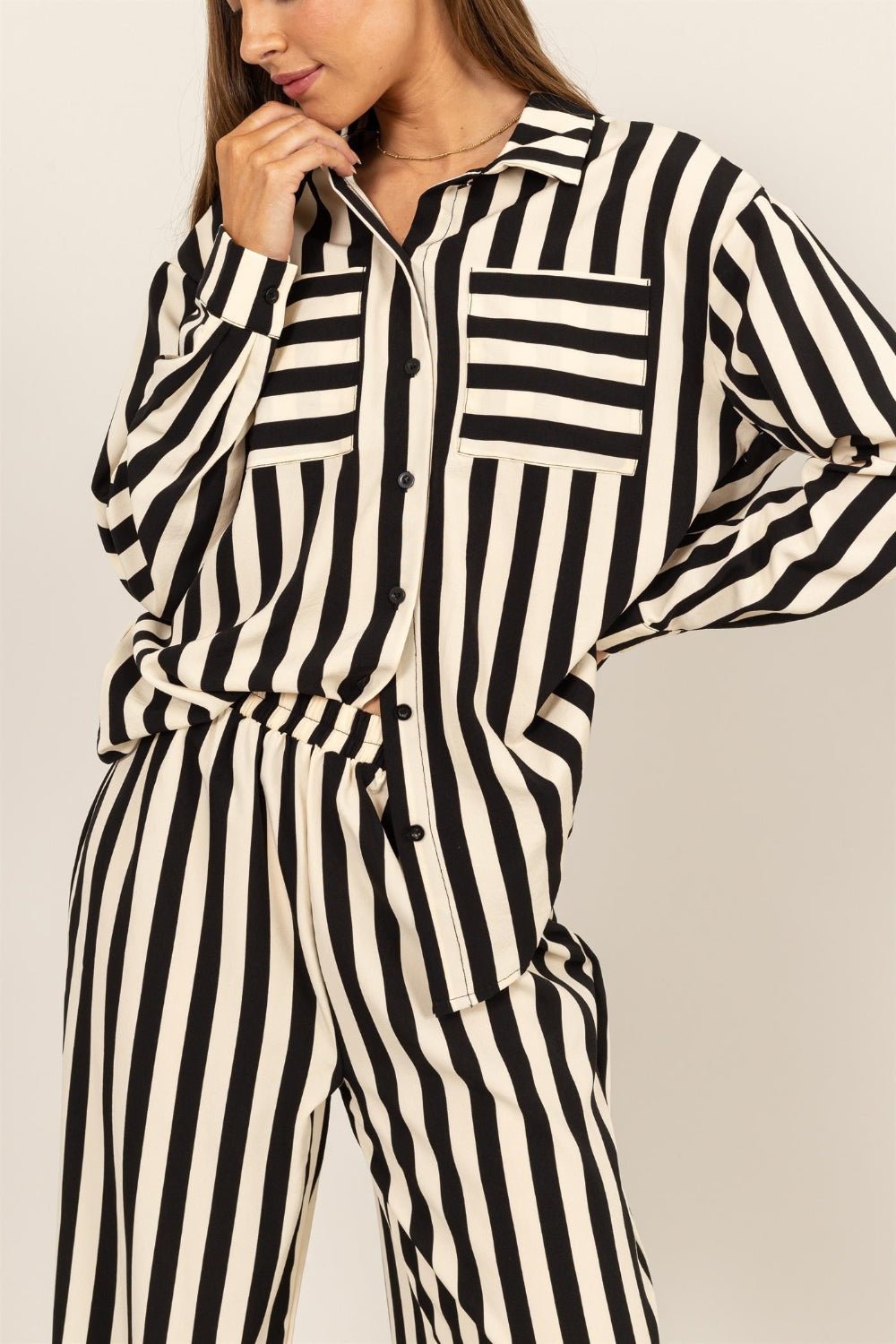 HYFVEBlack & Ivory Striped Button Up Shirt and Pants Set