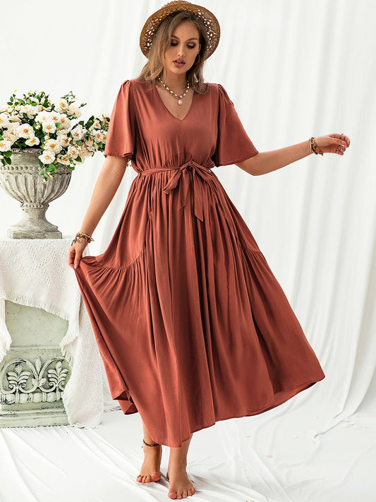 Beach Rose Co.Plus Size V - Neck Flutter Sleeve Midi Dress in Rust