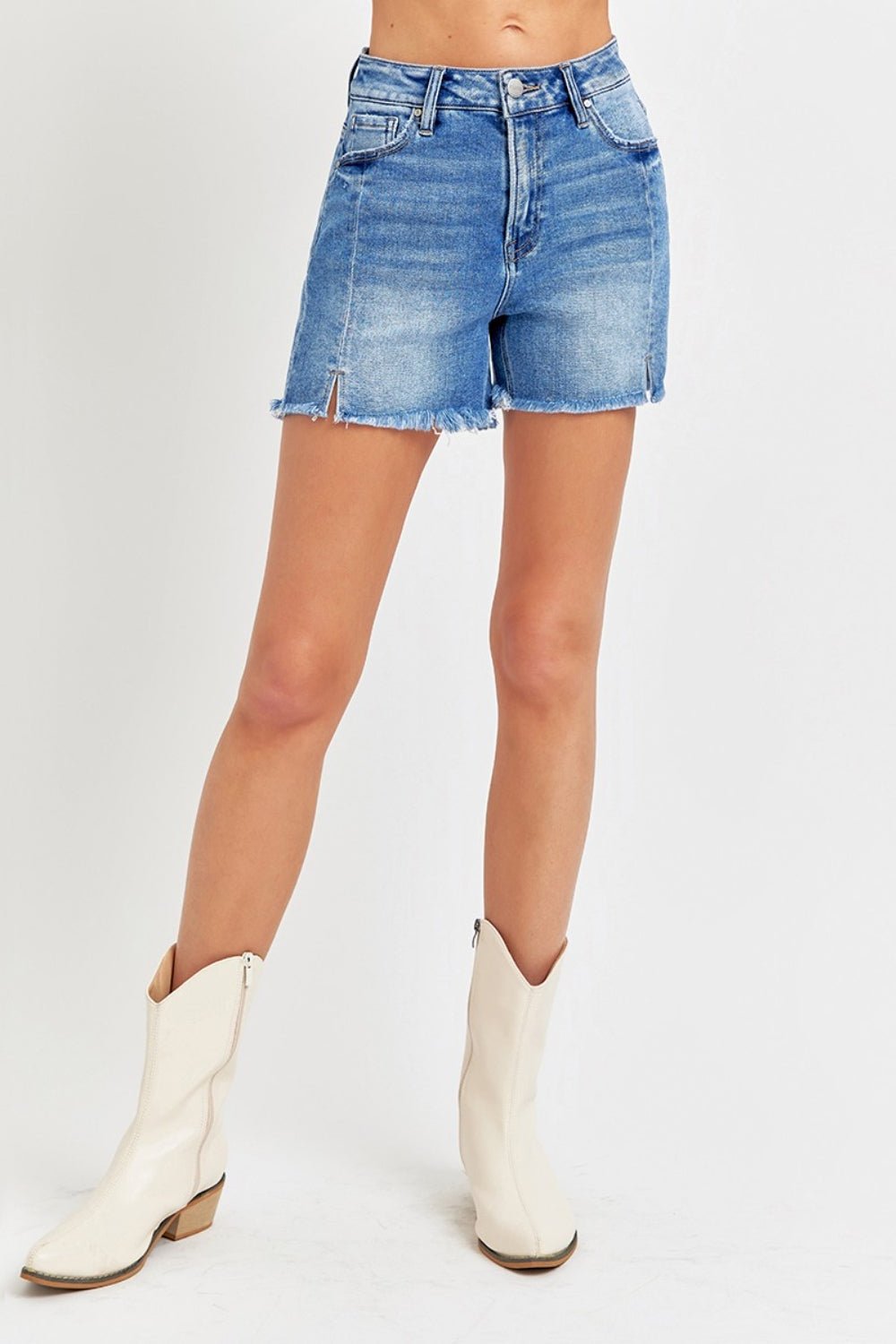 RISENMedium Wash Raw Hem Denim Shorts