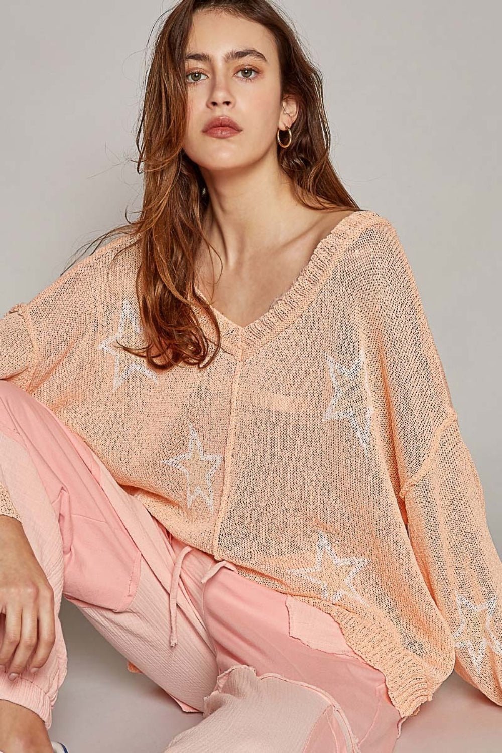 POLV - Neck Long Sleeve Star Print Knit Top in Peach