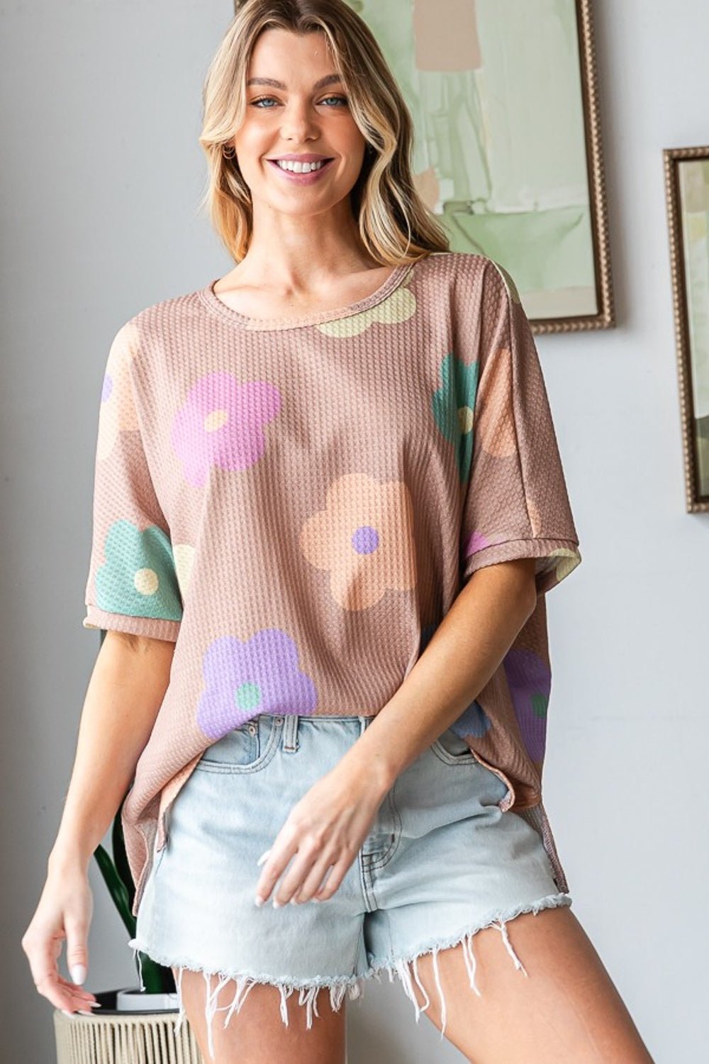 HOPELYFloral Crew Neck Waffle Knit Tunic T - Shirt in Mocha