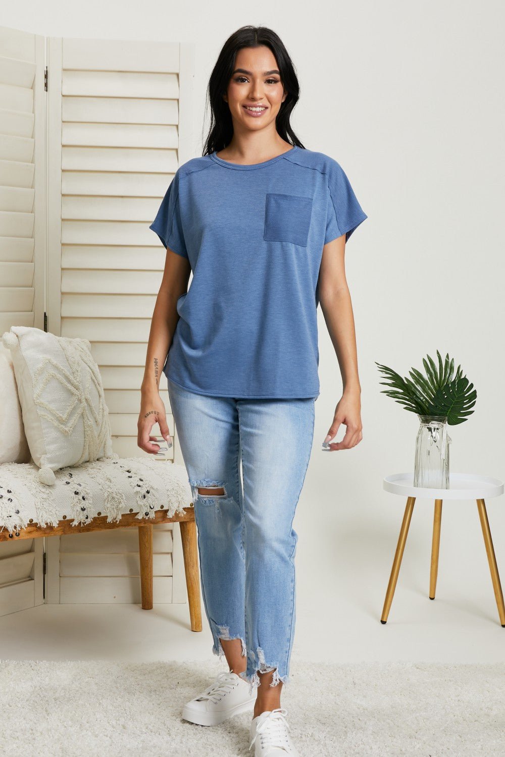 Sew In LoveExposed Seam Crew Neck Short Sleeve T - Shirt in Denim Blue