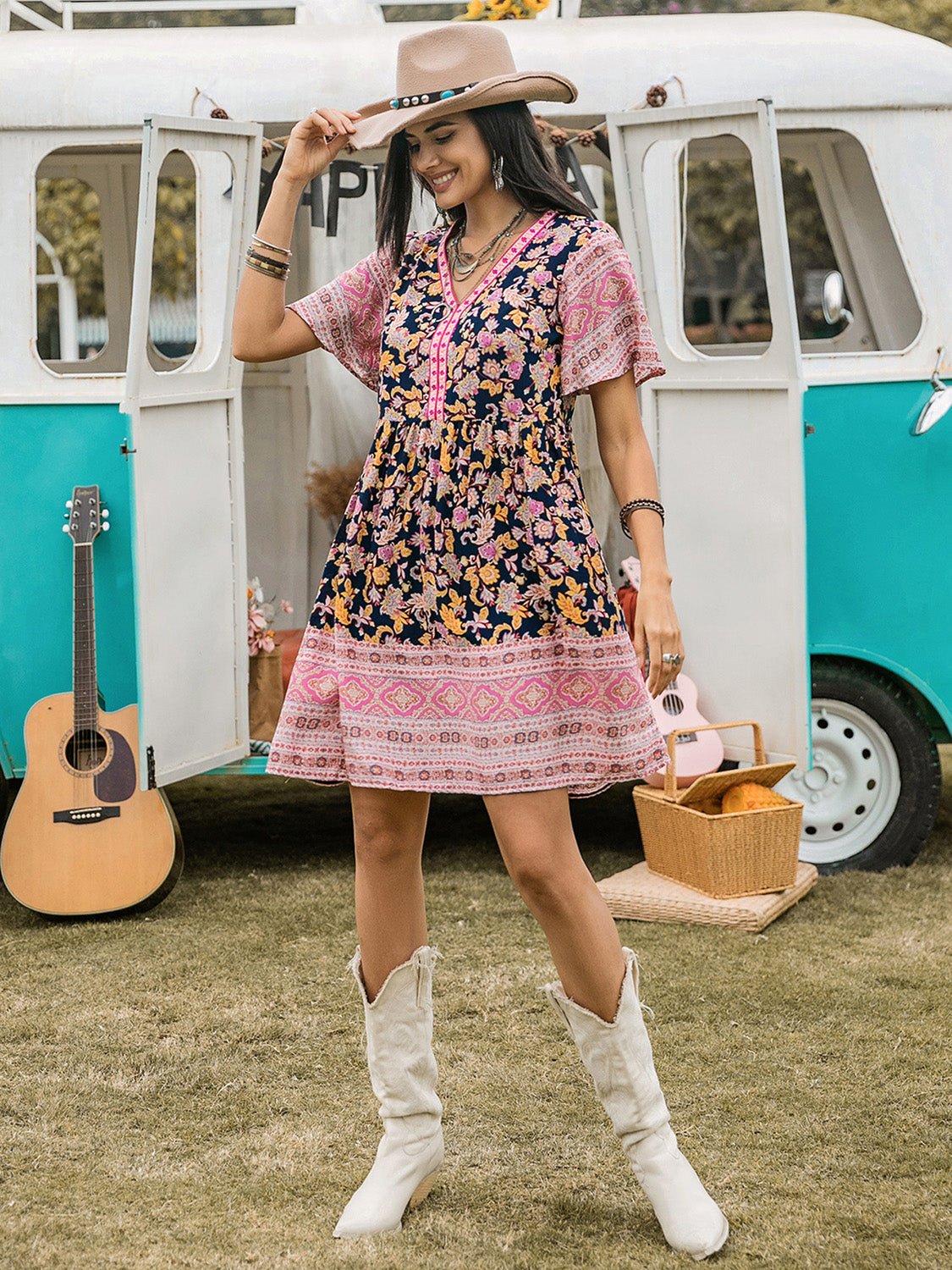 Beach Rose Co.Floral Print V - Neck Short Sleeve Mini Dress in Blush Pink