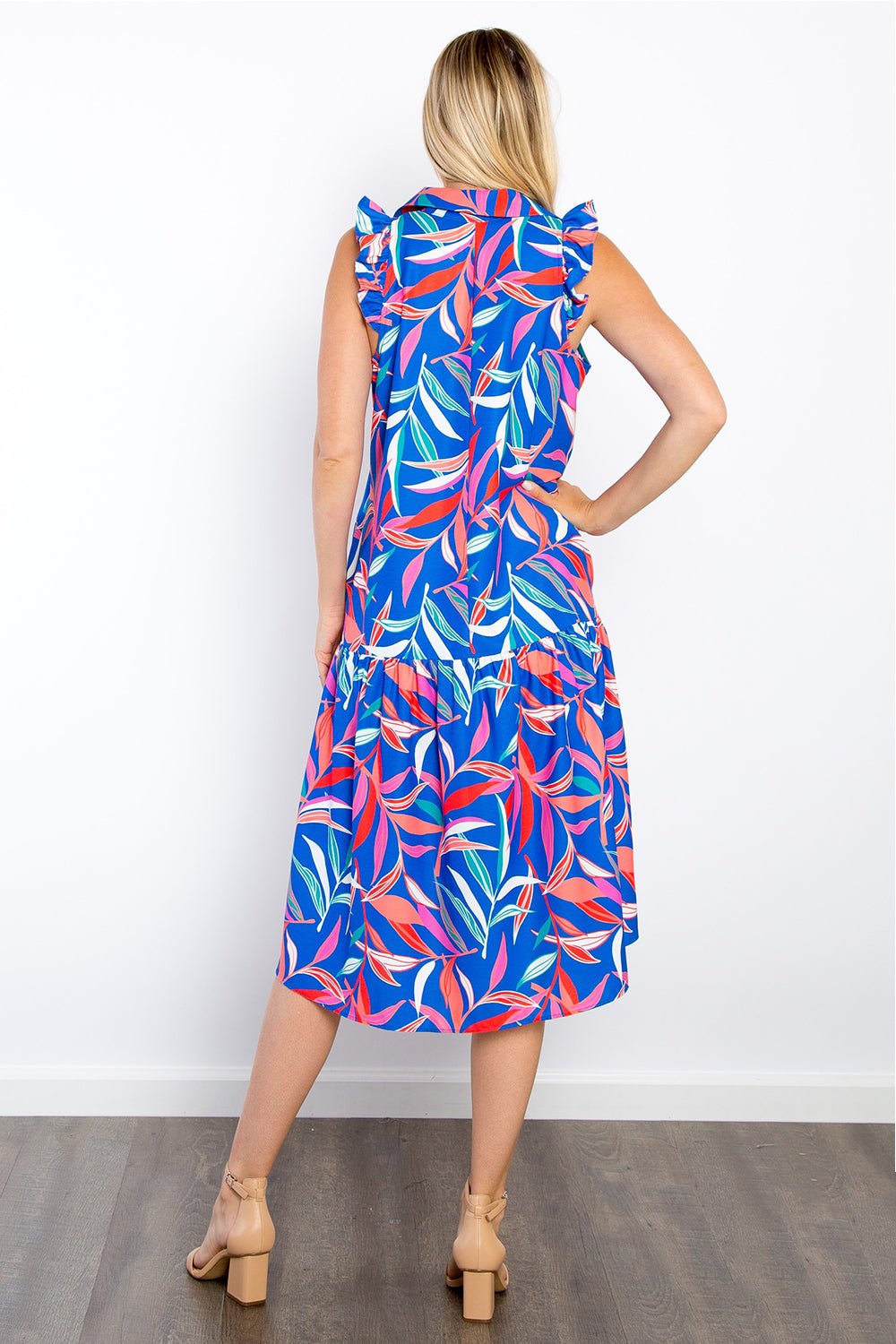 BE StageLeaf Print Ruffled Sleeveless Midi Dress with Pockets in Royal Blue