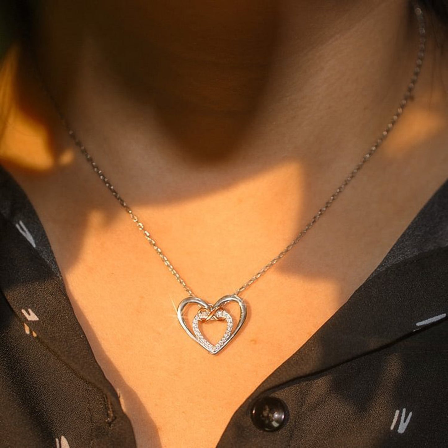 Beach Rose Co.Silver Double Heart Zircon Pendant Necklace