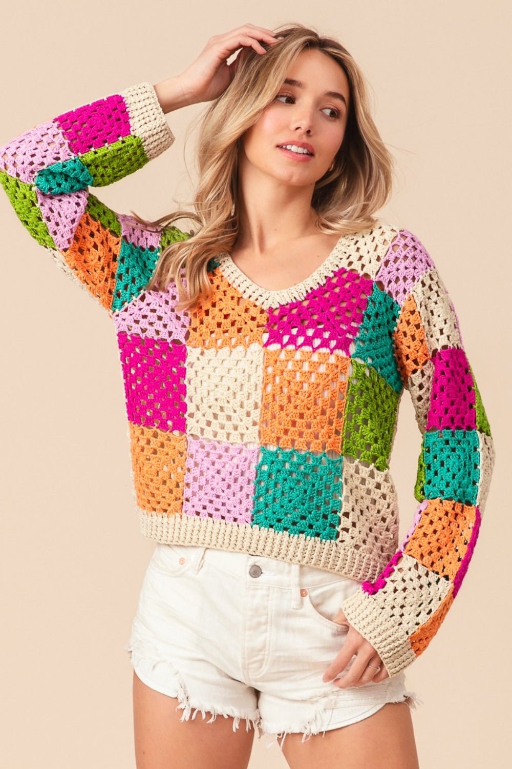 BiBiMulti Color Checkered Long Sleeve Knit Top in Oatmeal