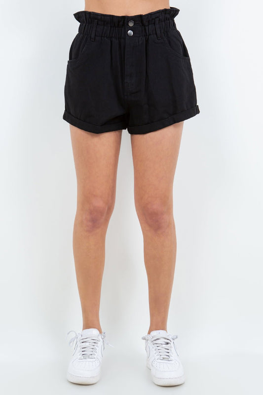 American BaziHigh Waist Paper Bag Denim Shorts in Black