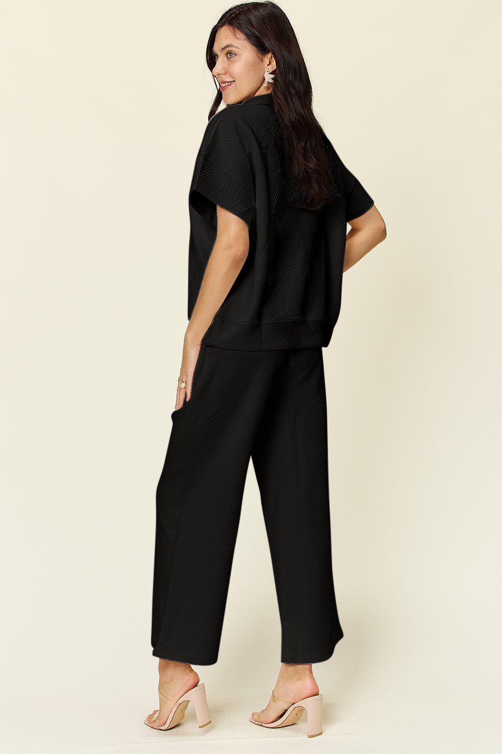 Double TakeTextured Half Zip Short Sleeve Top and Pants Set