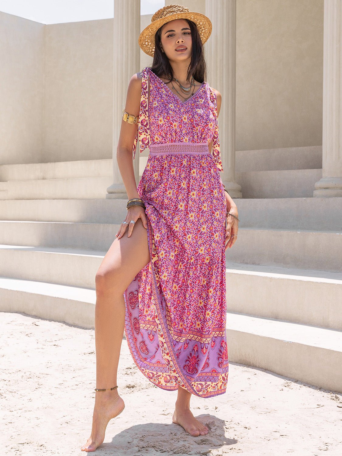 Beach Rose Co.Printed V - Neck Sleeveless Maxi Dress in Fuchsia Pink