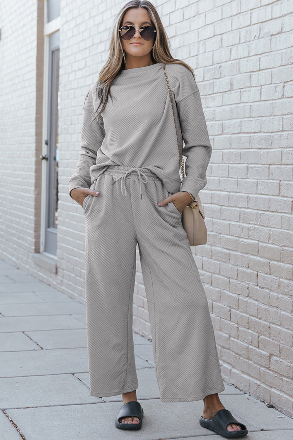 Double TakeTextured Long Sleeve Top and Drawstring Pants Set