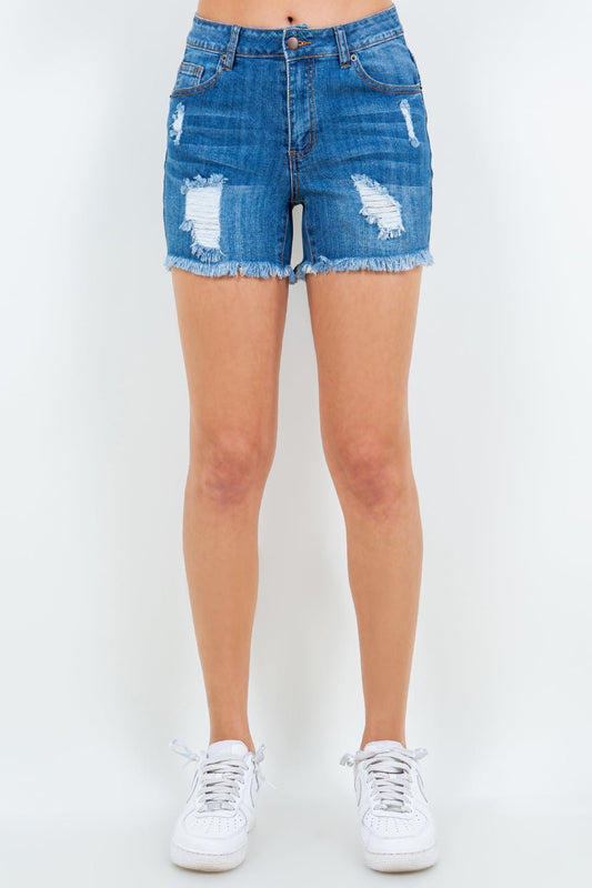 American BaziHigh Waist Distressed Frayed Denim Shorts