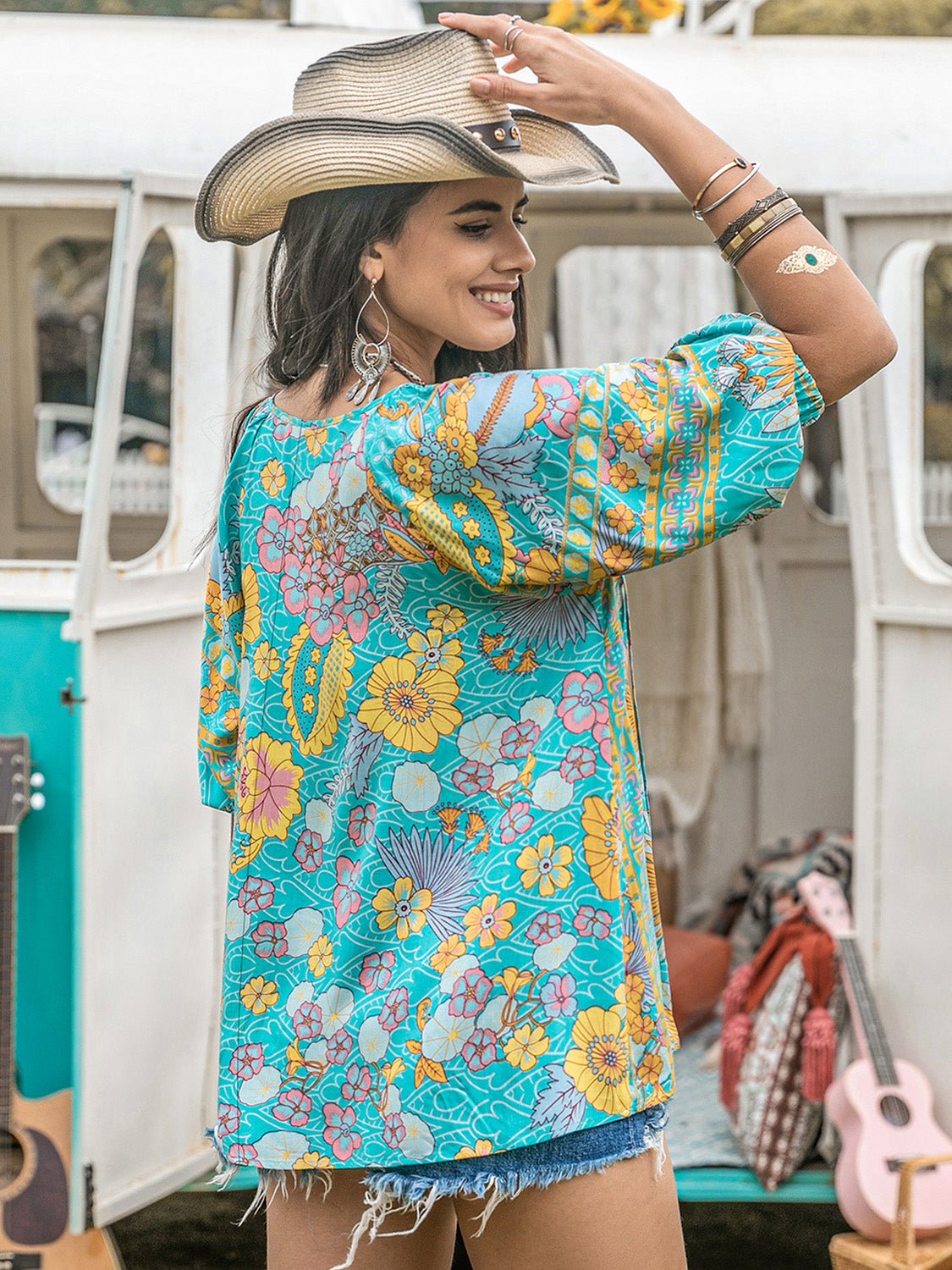 Beach Rose Co.Floral Print Tie Neck Half Sleeve Blouse in Tiffany Blue