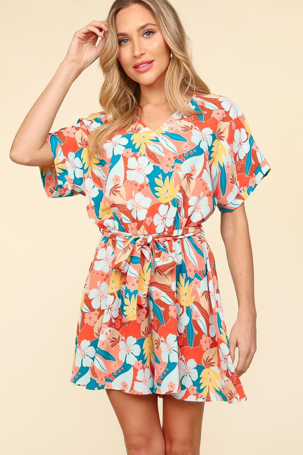 HapticsTropical Floral Short Sleeve Tie Waist Romper